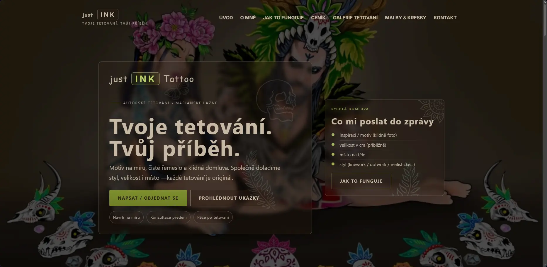Moderní webová vizitka pro tetovací studio – JustInkTattoo