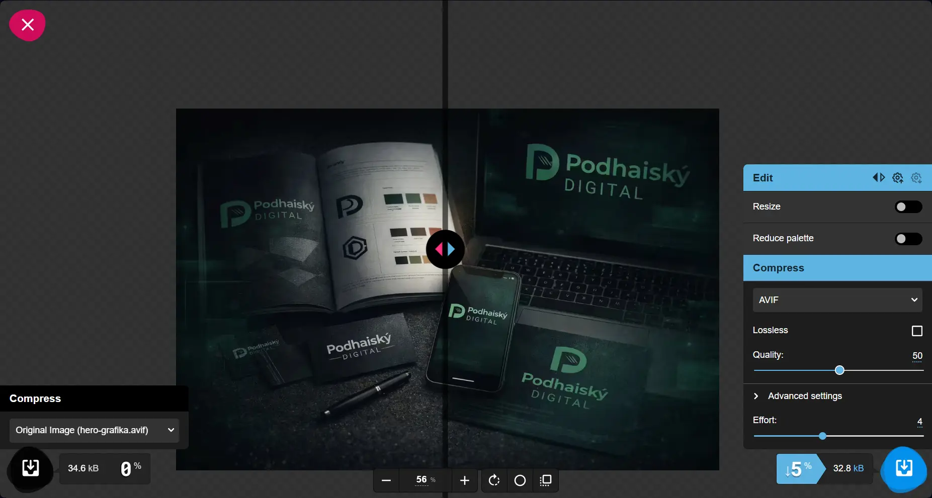 Rozhraní webové aplikace Squoosh — posuvník porovnání originálního a komprimovaného obrázku ve formátu WebP